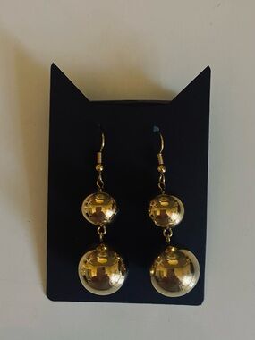 Polished Gold Double Sphere Drop Earrings - Women Jewelry